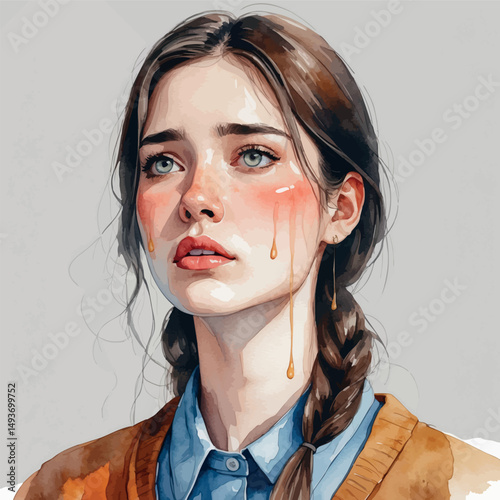 Tearful young woman portrait. Watercolor emotional art with soft sadness.