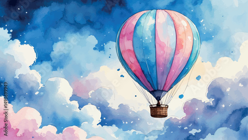 Watercolor Success Journey - Hot Air Balloon Ascending Through Clouds, Achievement Illustration