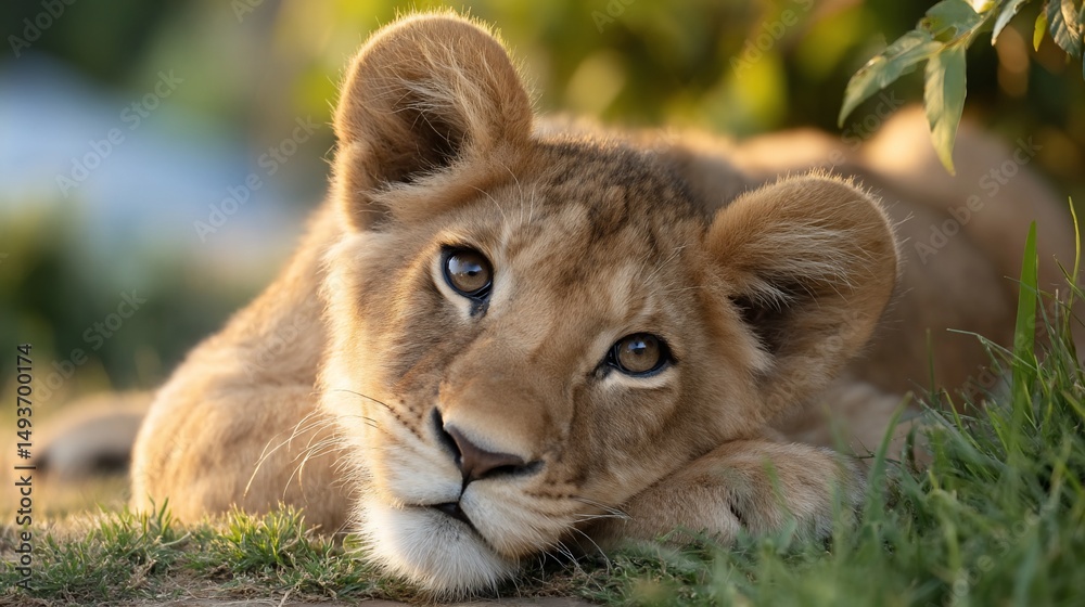 Fototapeta premium Adorable lion cub rests in sunshine