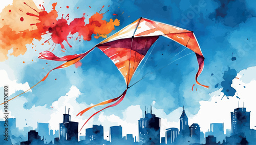 Watercolor Success Freedom - Kite Soaring Above Cityscape, Achievement Taking Flight Illustration