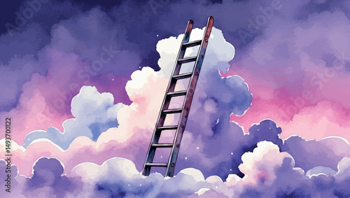 Watercolor Career Advancement - Ladder to Clouds, Dreamy Success Climbing Illustration