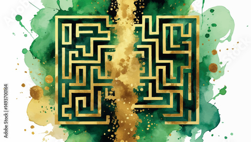 Watercolor Problem-Solving Success - Maze with Golden Solution Path, Strategic Thinking Illustration