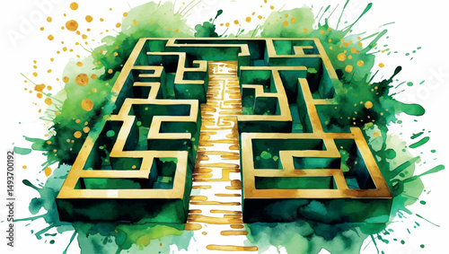 Watercolor Problem-Solving Success - Maze with Golden Solution Path, Strategic Thinking Illustration