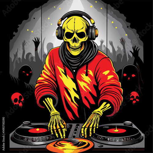 Skeleton dj at a spooky rave party illustration