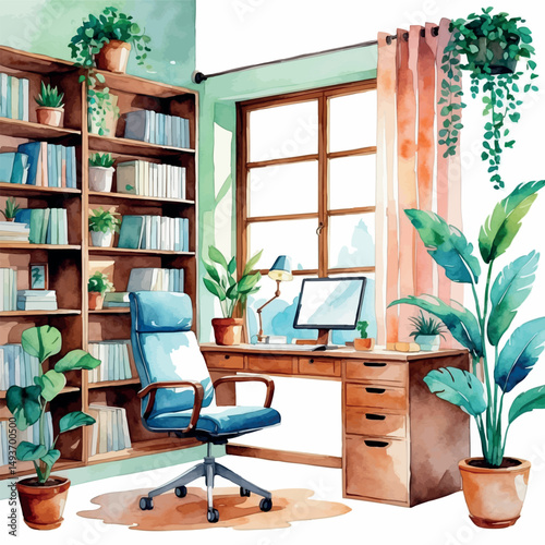 Cozy home office scene. Watercolor vector of stylish interior workspace, isolated illustration.