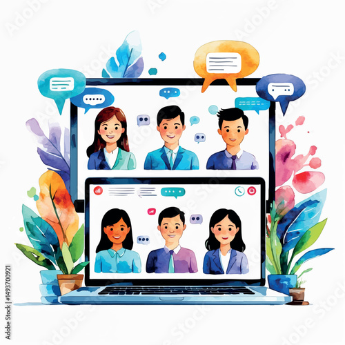 Online meeting watercolor vector. Video conference with four colleagues, isolated illustration.