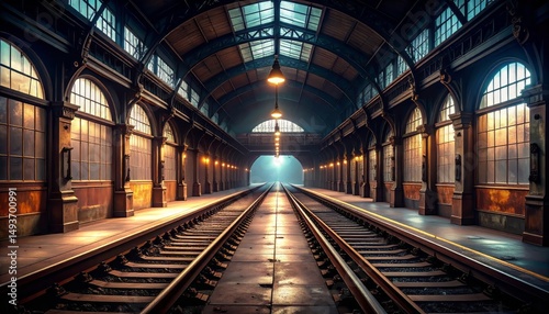 Atmospheric vintage train station interior with parallel tracks and warm lighting perspective.