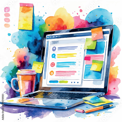 Social media manager vector. Watercolor scene with phone, laptop and coffee, isolated.