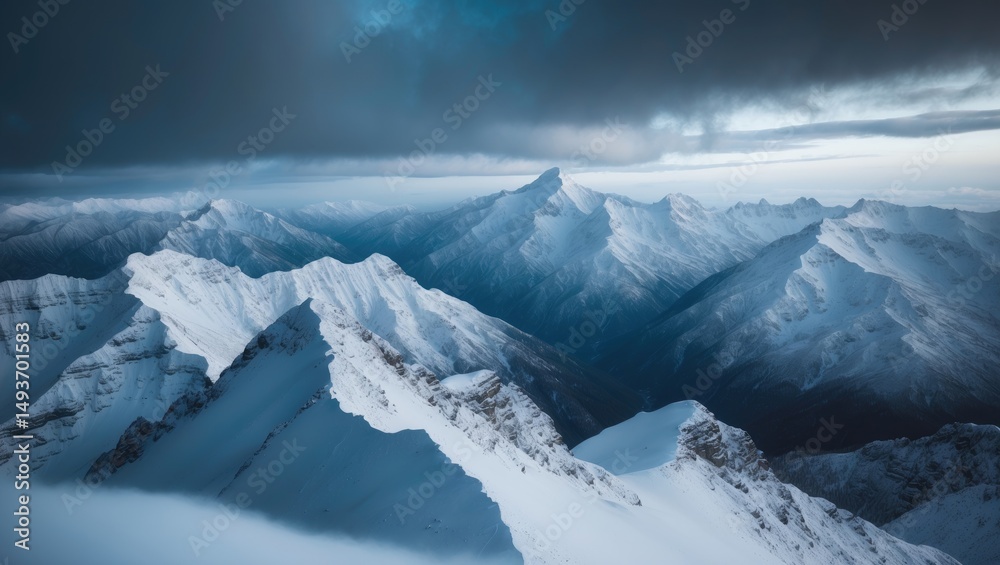 Fototapeta premium Bird's eye shot of a gorgeous mountain range blanketed in snow with clouds above