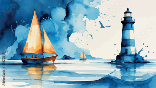 Watercolor Leadership Success - Paper Boats Sailing to Lighthouse, Guidance Illustration