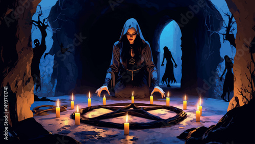 Underground crypt ritual. Dark fantasy vector scene of a witch summoning spirits through forbidden magic.