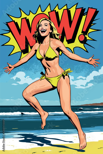 Excited woman in yellow bikini jumping at beach in explosive pop art style