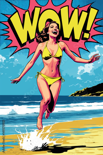Excited woman in yellow bikini jumping at beach in explosive pop art style