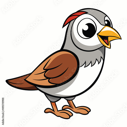 Playful cartoon sparrow character cheerfully opens its beak, featuring brown and gray plumage