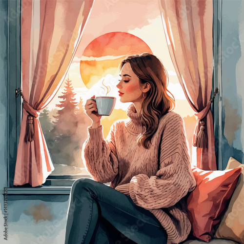 Morning window coffee vector. Lifestyle of calm beginnings.