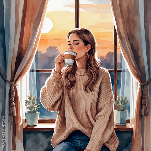 Morning window coffee vector. Lifestyle of calm beginnings.