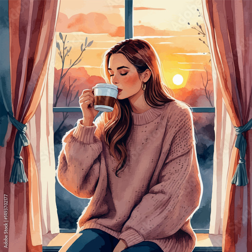 Morning window coffee vector. Lifestyle of calm beginnings.