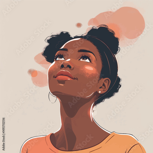 Hopeful young woman. Watercolor portrait with upward gaze and light.