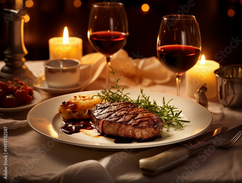 Romantic Dinner with Grilled Steak and Red Wine — Candlelight Setting