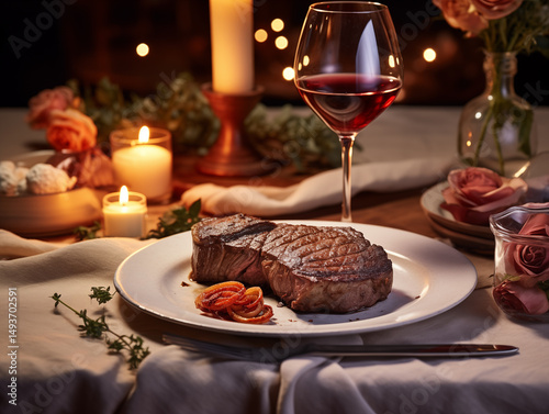 Romantic Dinner with Grilled Steak and Red Wine — Candlelight Setting
