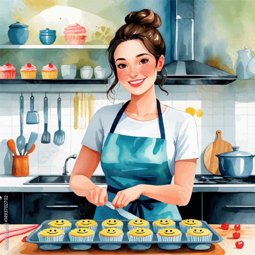 Home baking vector. Sweet lifestyle moment with cupcakes.