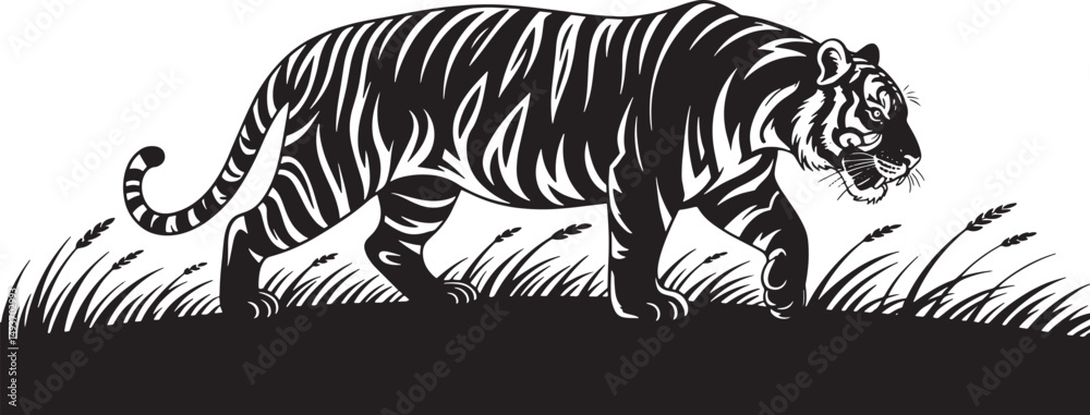 Obraz premium Silhouette of a Tiger Walking Through Grass Vector Illustration Wildlife Scene