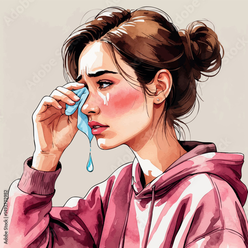 Discreet sadness. Watercolor portrait with intimate emotional detail.