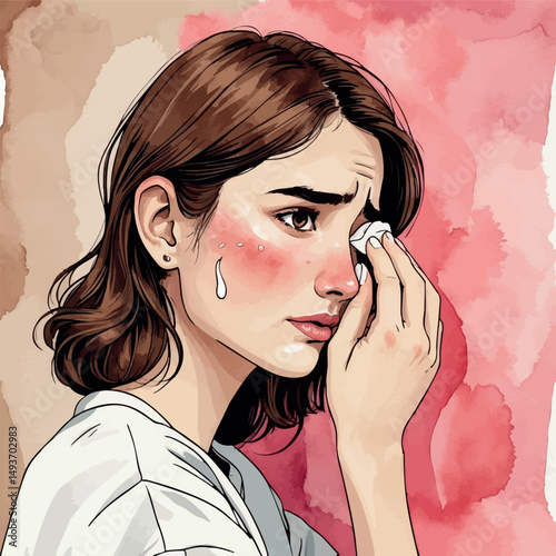 Discreet sadness. Watercolor portrait with intimate emotional detail.