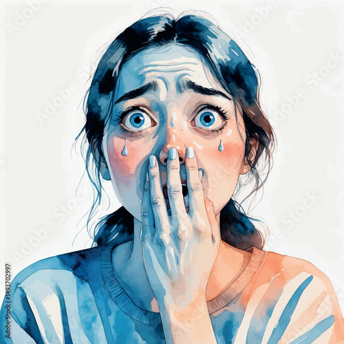 Overwhelmed young woman. Watercolor portrait of emotion and vulnerability.