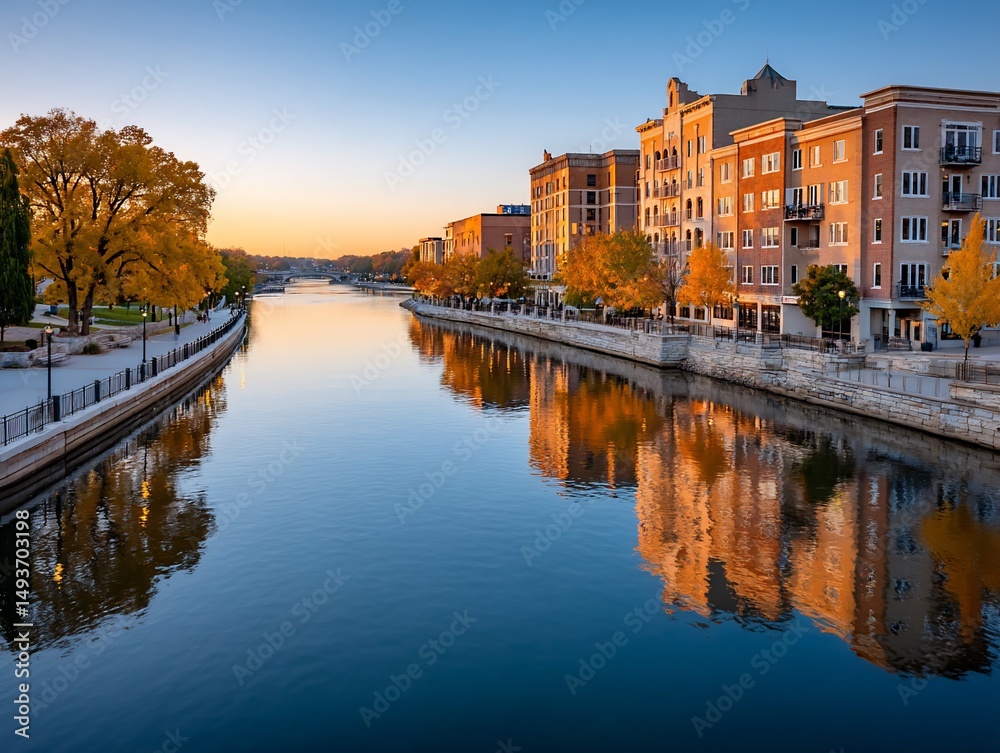 Fototapeta premium Autumn reflection on river downtown