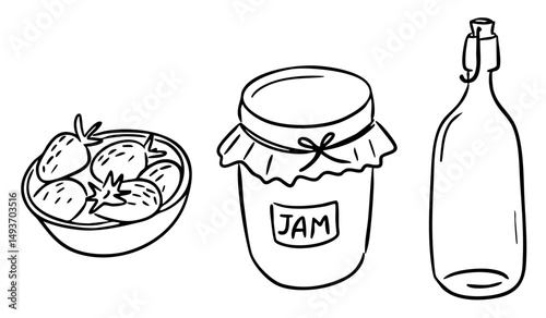 Hand drawn doodle set with strawberries, a jam jar, and a glass bottle. Homemade food and rustic picnic concept in simple black and white style