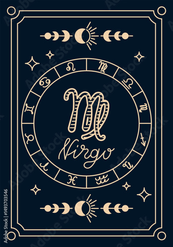 Virgo zodiac sign illustration with astrological symbols and moon phases in vintage style. Mystical horoscope and celestial concept with elegant hand drawn design