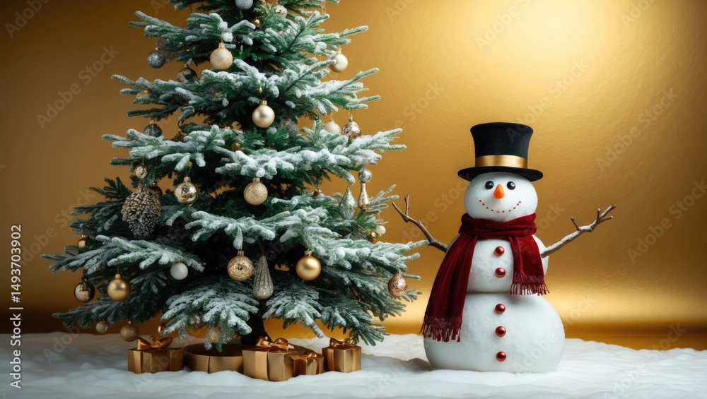 Obraz premium On a golden background, the holiday or business concept includes a snowman and a tree.