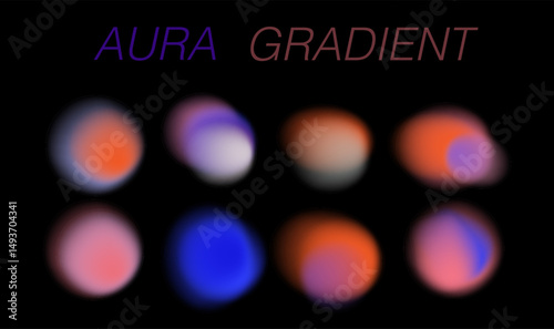 Vector illustration in aura gradient style, featuring soft, glowing abstract orbs in vibrant orange, purple, blue, and pink tones on a black background. Trendy look for digital and creative designs.