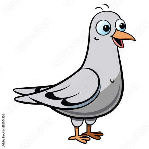 Cartoon gray pigeon with big blue eyes happily stands, smiling on white background