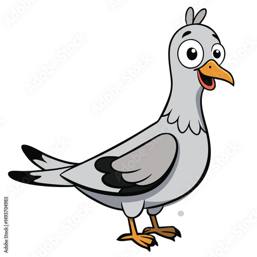 Cheerful gray cartoon pigeon cheerfully stands while opening its beak happily on white