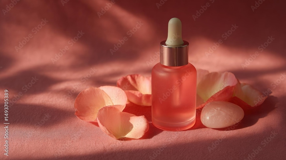 Naklejka premium Small red glass dropper bottle with a white dropper cap. the bottle is placed on a pink fabric background with rose petals scattered around it.