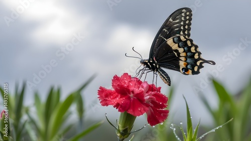 A butterfly gracefully perched atop a vibrant red flower, showcasing its intricate patterns against a blurred natural background.