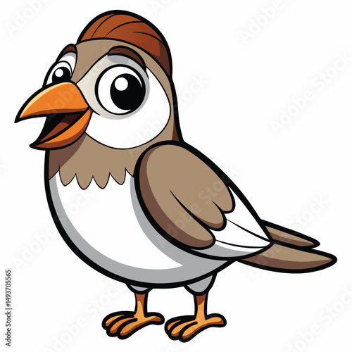 Joyful cartoon sparrow with a brown head is standing and cheerfully opens its beak