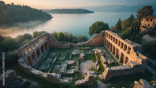 Early Morning Aerial View of Lake of Garda's Grotto of Catullus