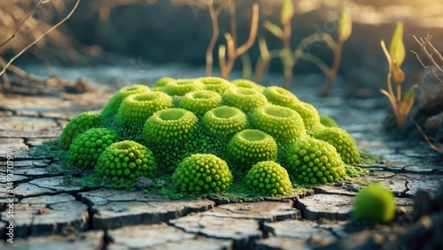 Volvox colony in green thriving within the dried pond