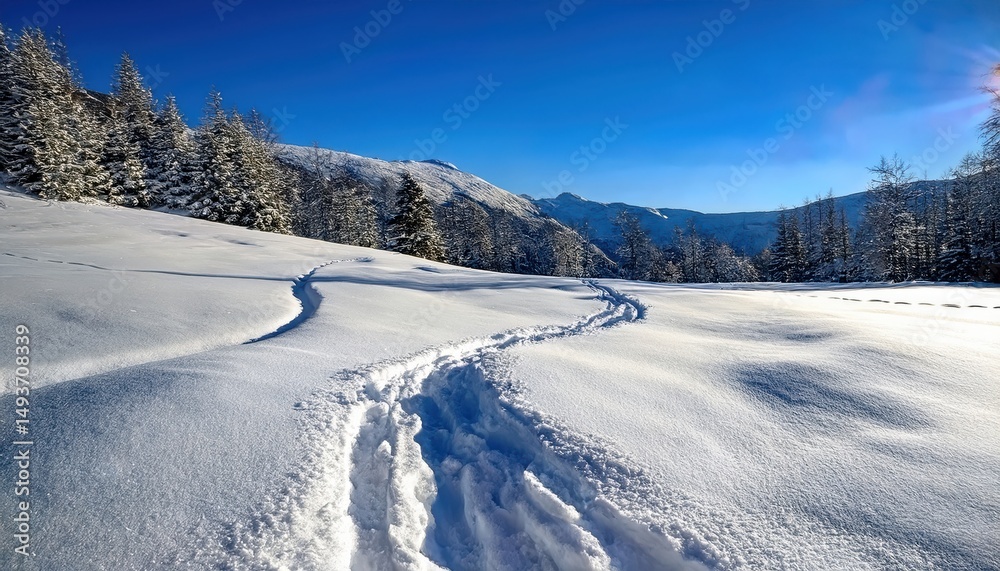 pristine snow trail winding through sunlit alpine landscape under deep blue sky with distant mountains for winter web design, travel poster, print decor, or seasonal branding
pristine snow trail winding through sunlit alpine landscape under deep blue sky with distant mountains for winter web design, travel poster, print decor, or seasonal branding