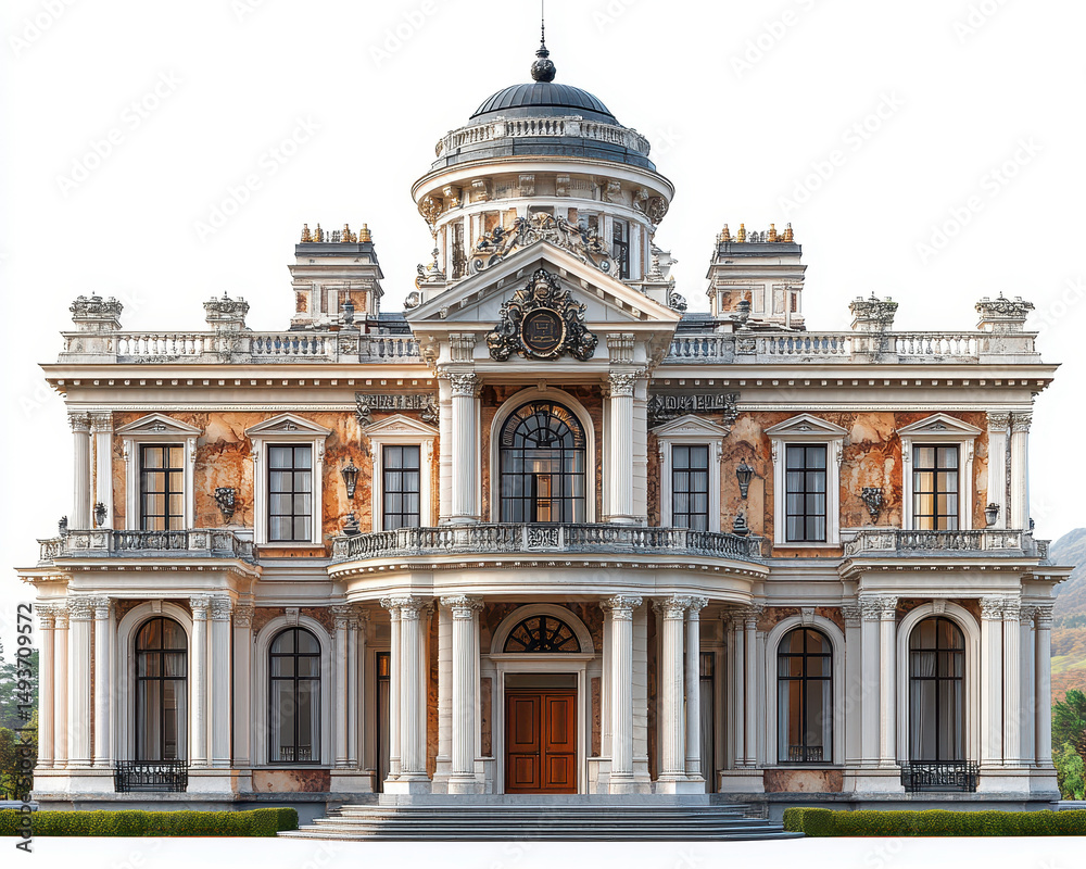 Fototapeta premium Grand Historic Mansion with Classical Architectural Features on White Background