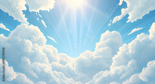 Clouds and sun, Sunny weather, Partly cloudy, Sun behind clouds, Cloudy sky, Sunshine illustration, Blue sky with clouds, Sun and clouds vector, Cartoon clouds and sun, Weather icon, Happy sun and clo