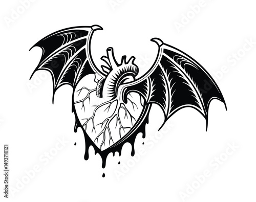 Gothic Heart with Bat Wings and Blood Drips, Dark Fantasy Art, vector