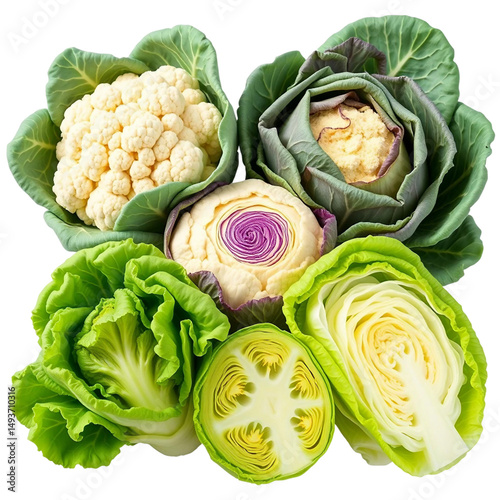  collection of organic natural full cauliflower, cabbage and romaine lettuce vegetable isolated on