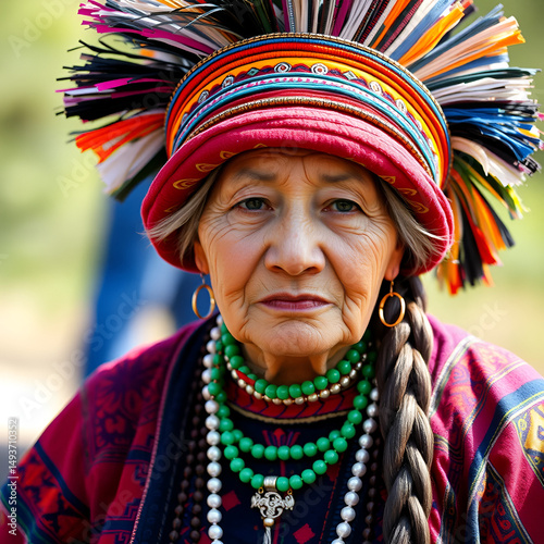 Quechua old woman wearing a colorful costume typical of the region mainly from the Andes mountain range and the Amazon photo