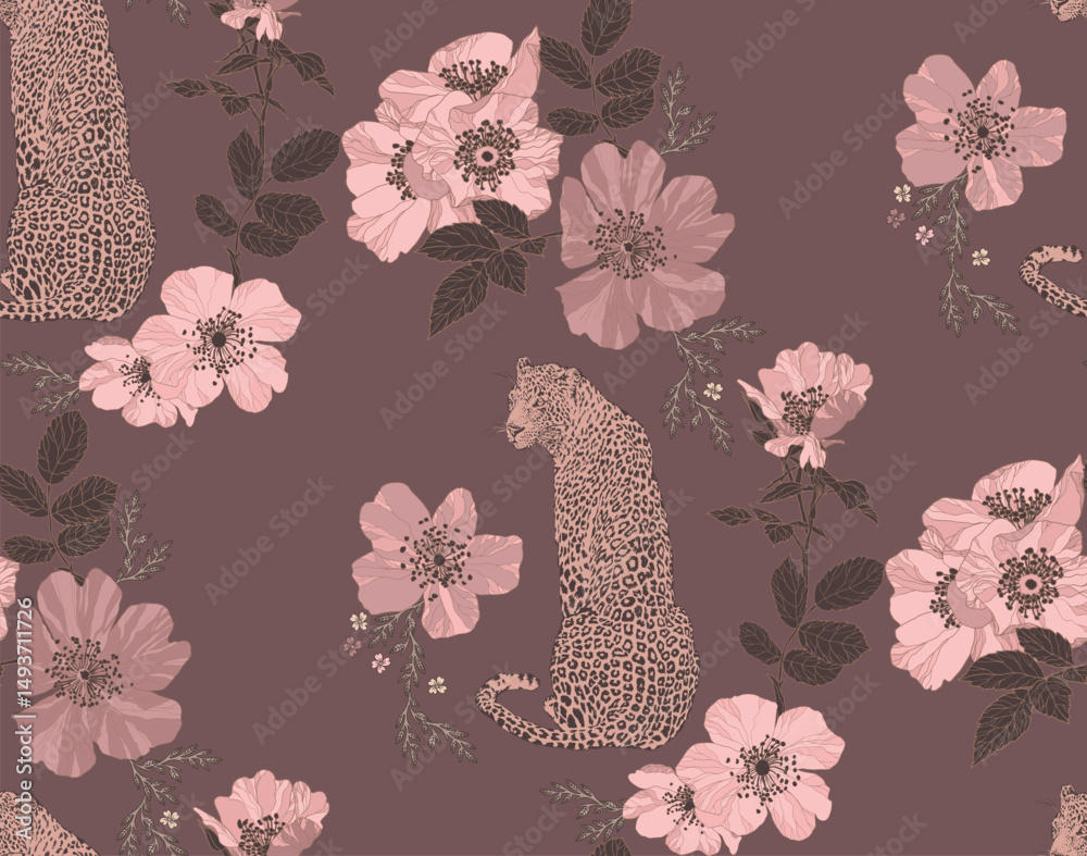 Leopard with flowers and leaves in vintage style, seamless pattern.