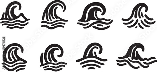 Wave shapes collection Set of sea wave logo in black Water wave icons