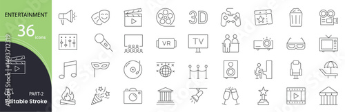 Entertainment icon set. Media and fun related line icons: music, movie, TV, game, theater, party, microphone, speaker, video, concert, popcorn and more. Editable stroke. Vector illustration.